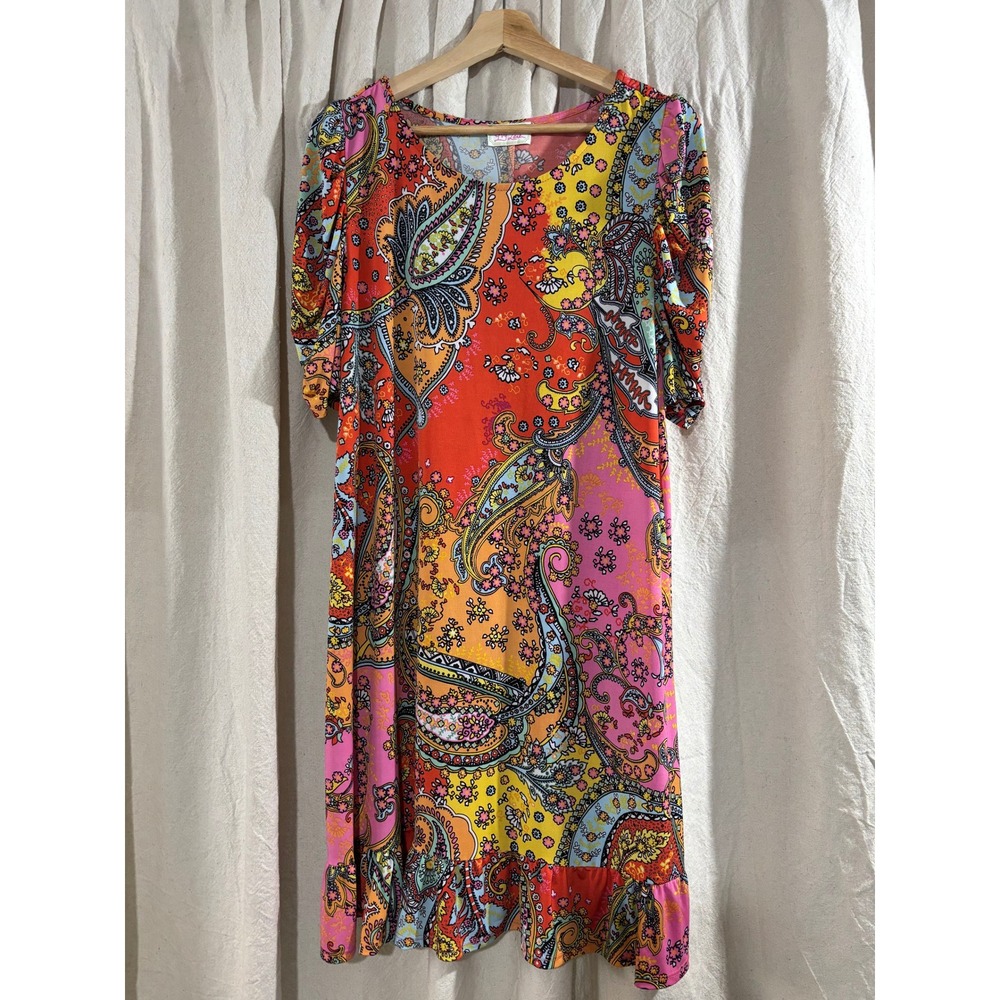 Ivy Lane Paisley Print Ruffle Hem Shift Dress Orange Pink Boho Stretch M L